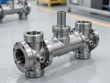 Machined wellhead assembly with casing heads and tubing spools, clean factory floor environment