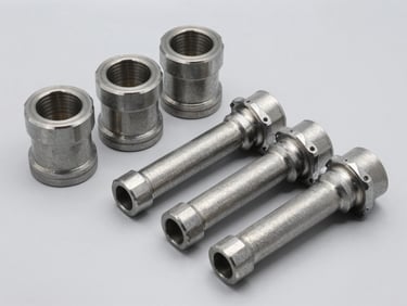 Forged steel flowline pup joints and swivel joints laid out on a clean gray surface, bright studio light