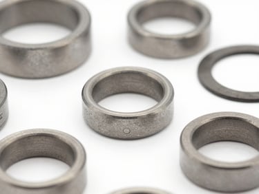 Close-up of precision machined steel gaskets, rings, and wellhead spare parts, bright daylight