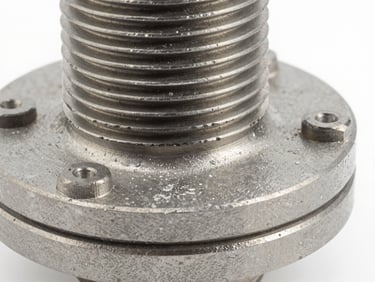 Macro shot of heavy-duty forged steel wellhead flange, bright industrial studio lighting, sharp focus on precision threads and metal finish, neutral gray tones, 50mm.