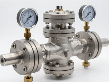 Close-up of a machined steel flow control manifold with pressure gauges, bright industrial studio lighting