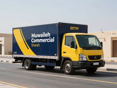 A clean, modern moving truck with bold navy and yellow branding, parked on a street in Muwaileh Commercial, Sharjah, bright midday sun casting crisp shadows, wide cinematic framing.