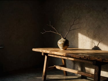 Moody editorial photography of a staged interior corner, low-angle golden hour light casting long shadows. A heavy weathered oak table sits against a dark textured plaster wall, with a single ceramic vessel holding a sculptural branch. Medium format film, shallow depth of field.