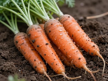 Close-up macro shot of dirt-covered organic carrots freshly pulled from the ground, morning dew visible, soft diffused rustic light.