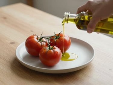 Soft natural daylight on a clean Scandinavian-style wooden table, a minimalist ceramic plate with fresh heirloom tomatoes, blurred hands pouring olive oil.