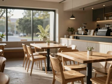 Interior de un restaurante de diseño escandinavo, mesas de madera clara vacías antes del servicio, luz suave de tarde entrando por un gran ventanal.