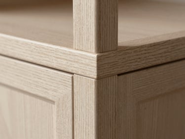 Macro close-up of a cabinet face frame corner — the intersection of a vertical stile and horizontal rail in quarter-sawn white oak, photographed in raking north-facing daylight. The medullary ray figure in the grain is clearly visible. Tight framing, the joint fills most of the frame, with just enough context to read as cabinetry.