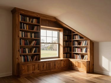 Wide environmental shot of a built-in reading nook — a window seat with flanking bookcases, photographed in golden-hour light pouring through the window. The millwork wraps around a non-standard alcove, with custom scribed returns meeting an angled ceiling on one side. Empty room, no styling. Framing shows the full architectural context of how the joinery resolves the irregular geometry.