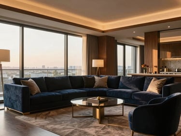 Modern luxury apartment living room with large windows, warm afternoon light, high-end furniture