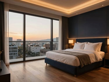 Cozy sophisticated modern apartment bedroom, warm lighting, wooden floor, large glass window