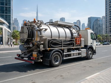A professional high-capacity vacuum tanker truck parked on a clean Dubai street, bright direct sunlight, sharp focus, 35mm