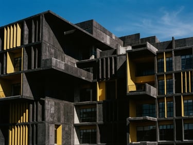 High-contrast architectural photography of a modern concrete building facade in Puebla, sharp geometric lines, dramatic natural daylight, black and mustard tones, 35mm