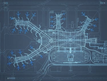 Orthographic perspective of a highly dense digital BIM wireframe model of an airport terminal, cool blue and slate tones, sharp technical lines, bright daylight lighting.