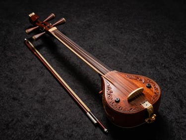 A sarangi resting on a dark cloth surface, shot from above at a slight angle, warm copper-toned studio light illuminating the instrument's carved wooden body and horsehair bow, deep shadow surrounding