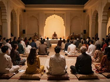 Wide shot of a small intimate mehfil gathering, audience seated on floor cushions in a low-lit room, a single performer visible at the far end under warm amber stage light, architectural arches in the background suggesting a heritage venue