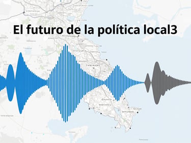 Podcast cover art for 'El futuro de la política local', featuring abstract sound waves in electric blue and dark grey, with a subtle map of Santander in the background. Clean editorial style.