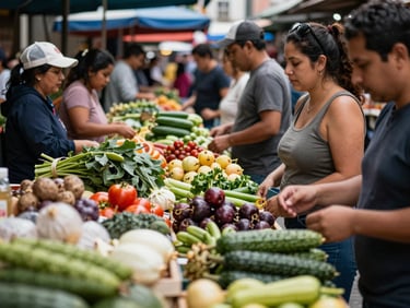 Urban market scene in Bogotá, fresh produce, natural daylight, people shopping, focus on diverse food items, editorial photojournalism.