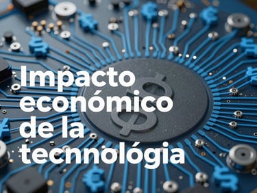 Podcast cover art for 'Impacto económico de la tecnología', featuring a stylized digital circuit board overlaid with currency symbols, in electric blue and grey. Modern, clean design.