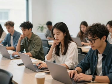 Diverse group of young tech professionals collaborating in a modern co-working space, laptops open, natural light, focused expressions, editorial photojournalism.