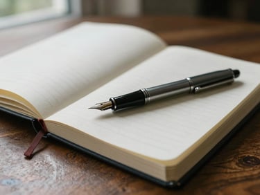 Extreme close-up of a heavy linen notebook open on a dark oak table, a fountain pen resting on the textured paper, soft natural light from a side window.