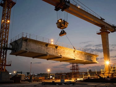 Cinematic industrial photography of a concrete metro rail girder suspended by heavy cranes at a construction site at night, dramatic high-contrast amber safety lights, 35mm.