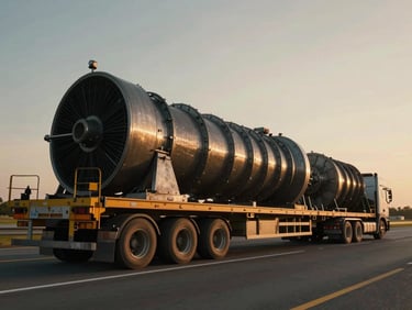 Low-angle wide shot of a massive multi-axle trailer carrying a heavy industrial turbine on an open highway during golden hour, deep steel and amber tones, cinematic industrial photography.