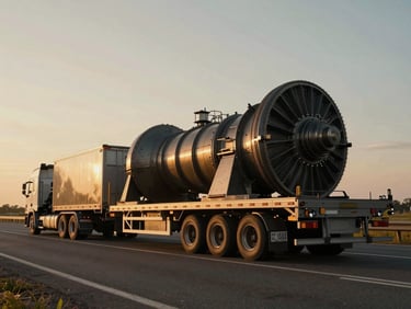 Low-angle wide shot of a massive multi-axle trailer carrying a heavy industrial turbine on an empty highway during golden hour, deep steel and amber tones, cinematic industrial photography.
