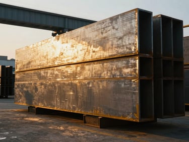 Cinematic industrial photography of a heavy manufacturing yard, massive steel plates stacked, low-angle shot, golden hour light reflecting off metal surfaces, 35mm.