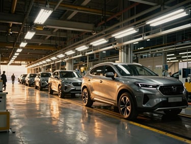 Wide-angle shot of a modern automotive assembly line in India, dramatic overhead industrial lighting, high-contrast steel tones, 35mm.