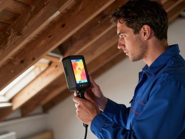 A professional technician in a clean blue uniform using a high-contrast thermal imaging screen inside a residential attic, highlighting heat signatures of nesting areas.
