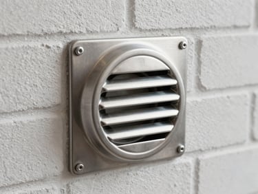 A close-up of a newly installed stainless steel weep vent cover on a clean brick wall, showing precise alignment and secure concrete anchoring.
