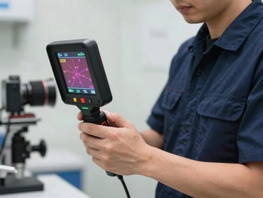 Action shot of a professional technician in a clean navy uniform holding a thermal detection screen, bright clinical daylight, sharp focus on the equipment.