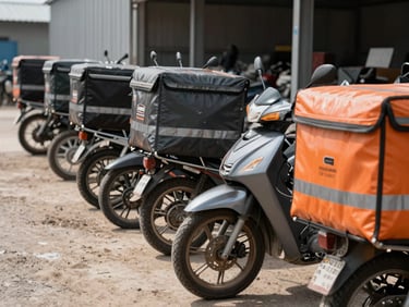 A line of identical pre-owned delivery motorcycles in a dusty lot, sharp outdoor daylight, industrial setting, industrial charcoal and safety orange tones, 35mm lens.