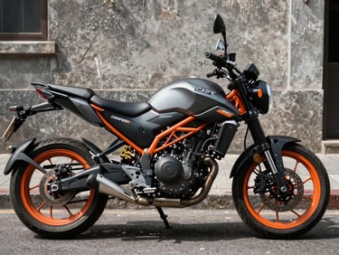 A certified pre-owned commuter motorcycle parked on a city street, high-contrast daylight, rugged urban background, industrial charcoal and safety orange tones, 35mm lens.