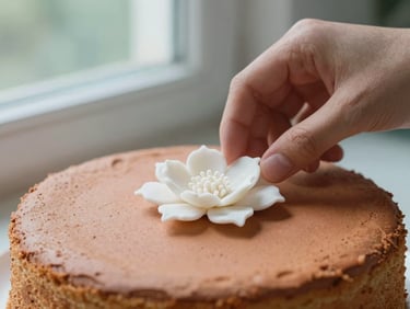 Macro photography of hands placing a delicate hand-sculpted white sugar flower onto a textured terracotta cake surface, soft window light, shallow depth of field