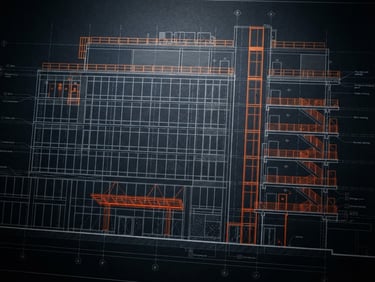 dark moody technical photography, blueprint of a commercial building facade, high-contrast orange line accents, sharp architectural details, dramatic low-key lighting, 50mm