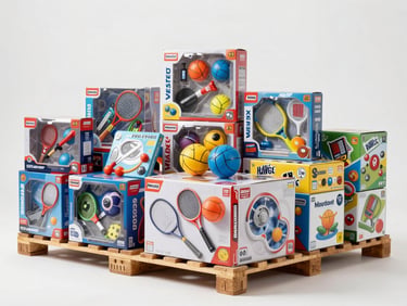 Group shot of packaged toys, various sports equipment (balls, rackets), and board games on a warehouse pallet, organized and ready for shipment, bright commercial lighting, clean focus.
