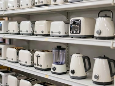 Neatly stacked small kitchen appliances (toasters, blenders, kettles) on a clean warehouse shelf, in their original packaging, bright studio lighting, commercial aesthetic.