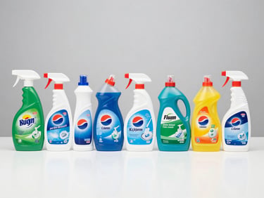 Row of various packaged cleaning supplies (detergents, disinfectants, mops) on a white surface, clean and organized, studio lighting, professional product photography.