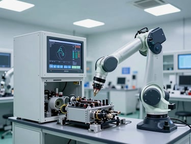 A modern clean-room engineering bay with high-tech diagnostic monitors and robotic automotive parts, bright cool lighting