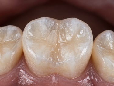Macro shot of a single zirconia crown showing realistic translucency and micro-texture under warm studio highlights, clinical depth of field