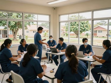 Wide environmental shot of Filipino medical professionals collaborating inside a newly equipped rural health center. Warm natural daylight streaming through large windows, clean and professional setting, documentary style.