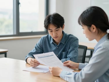 A quiet mentoring session in a bright office, a student and advisor looking over academic planning documents on a wooden table, soft natural window light, 35mm