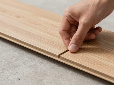 Close-up of a hand placing a light oak laminate plank into a tongue-and-groove joint, showing clean alignment and level subfloor prep underneath.