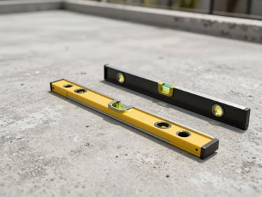 Close-up of a clean, level concrete subfloor with professional leveling tools laid out neatly, bright natural daylight.