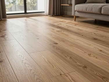 Modern living room showing installed luxury vinyl planks with natural wood grain textures reflecting soft daylight from a window.