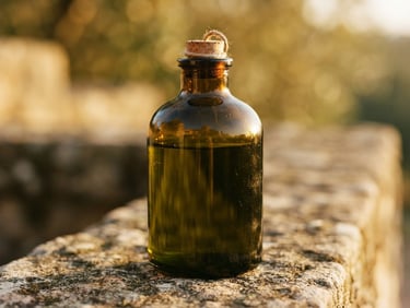 Macro close-up of a dark amber glass bottle sitting on a stone surface, warm golden-hour side light reflecting through olive-green liquid, soft shadows.