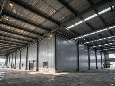 Completed wide-span logistics warehouse in Surabaya, showing clean structural steel lines, daylight