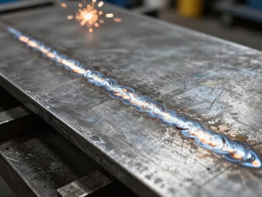 High-contrast workshop lighting on a heavy steel plate with a clean weld seam, warm spark accents in the background, cool metallic tones.