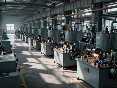 Wide-angle view of a structured industrial factory floor layout, clean machinery alignment, dramatic cool daylight casting long shadows.